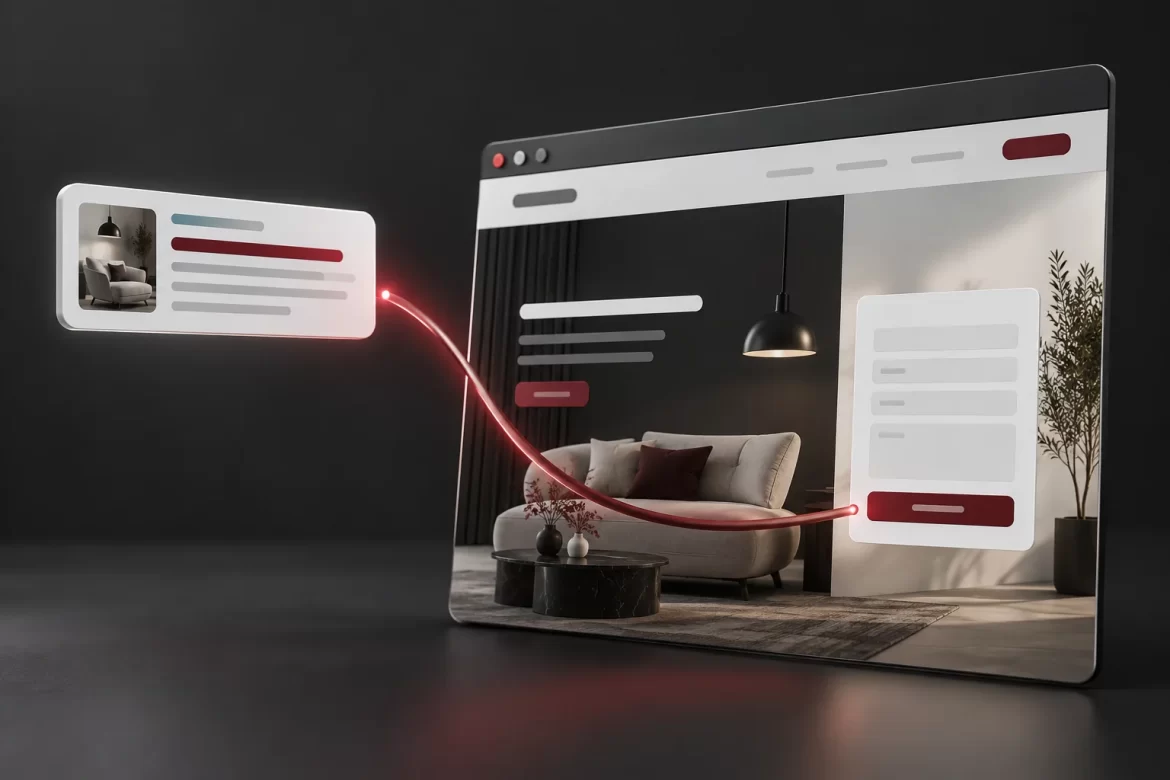 Reklamos kortelė raudona jungtimi susieta su paslaugos puslapiu ir užklausos forma