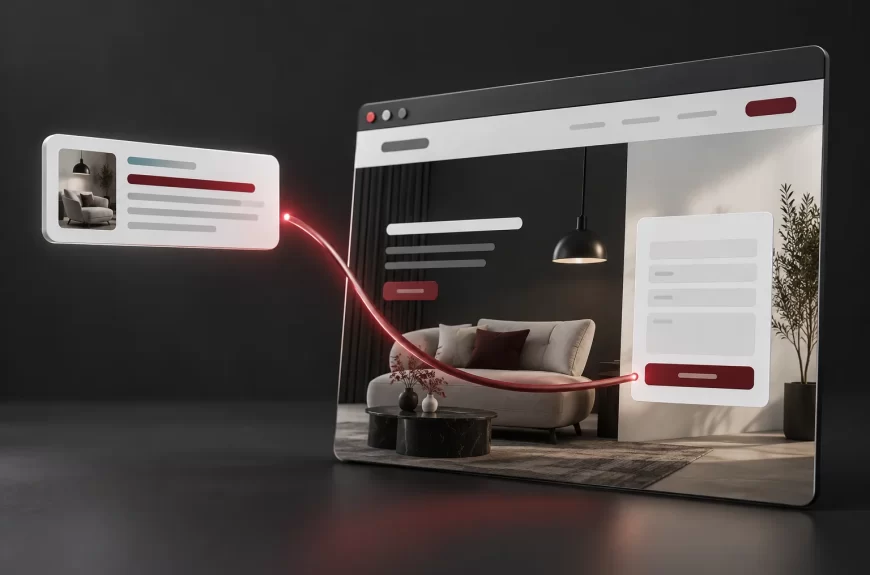 Reklamos kortelė raudona jungtimi susieta su paslaugos puslapiu ir užklausos forma